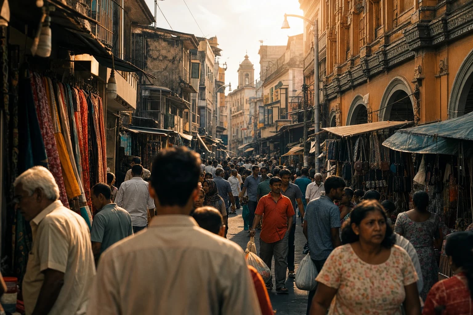 A busy Pettah market lane with traders and shoppers