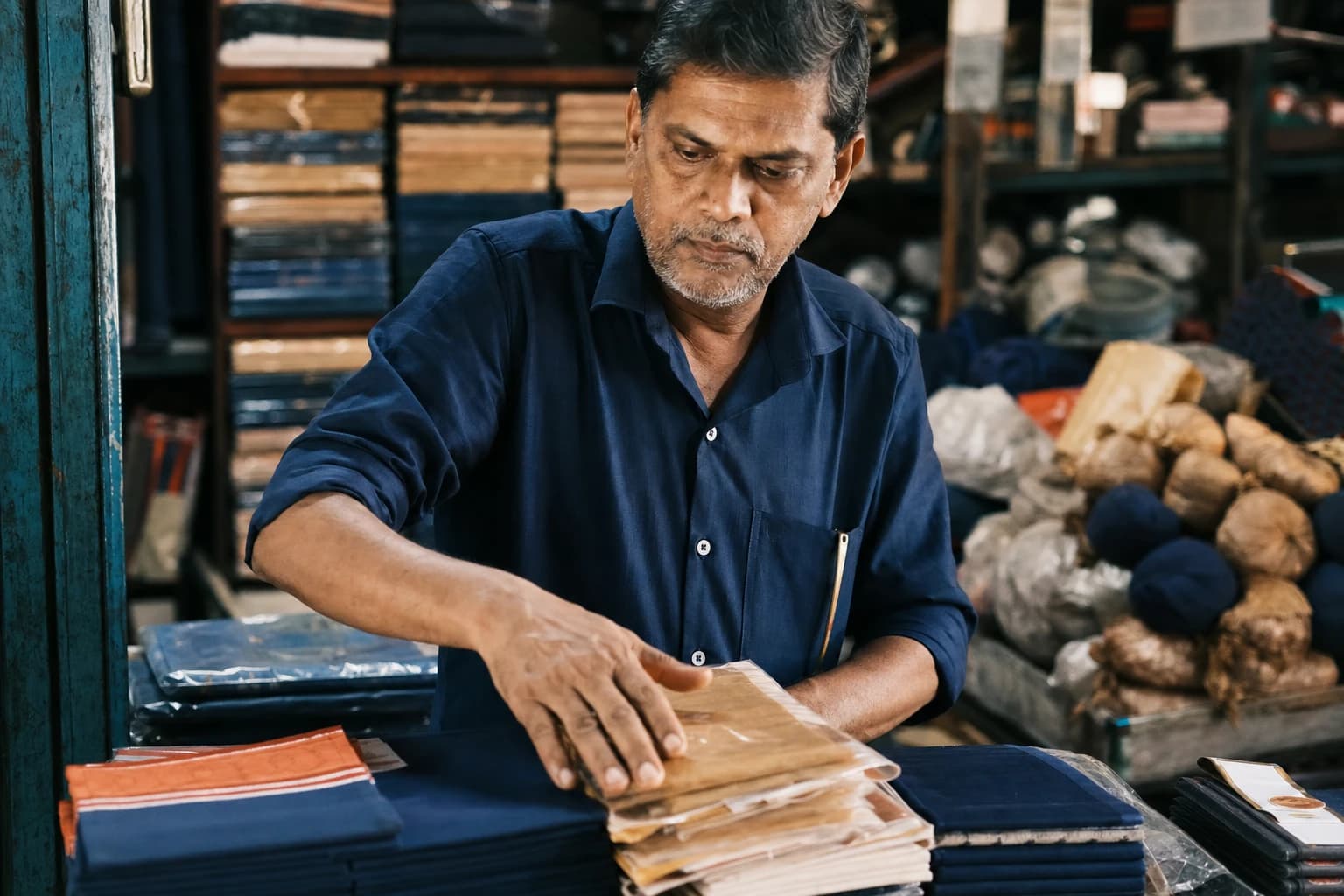 A Pettah shopkeeper arranging goods at a wholesale counter